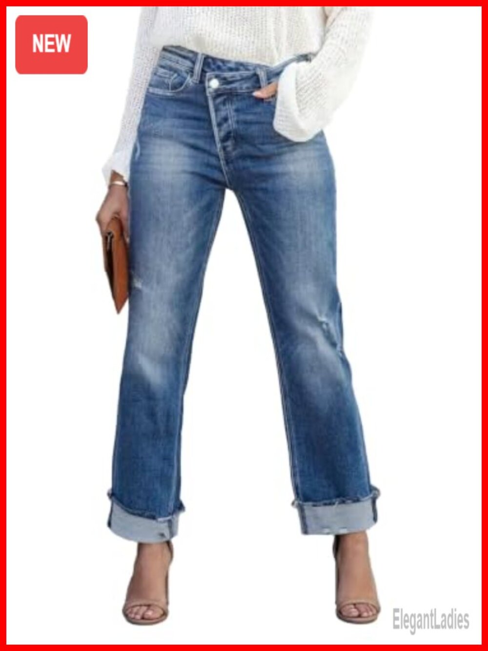 High Waisted Boyfriend Jeans Distressed Cuffed Raw Hem Ankle Denim Pants
